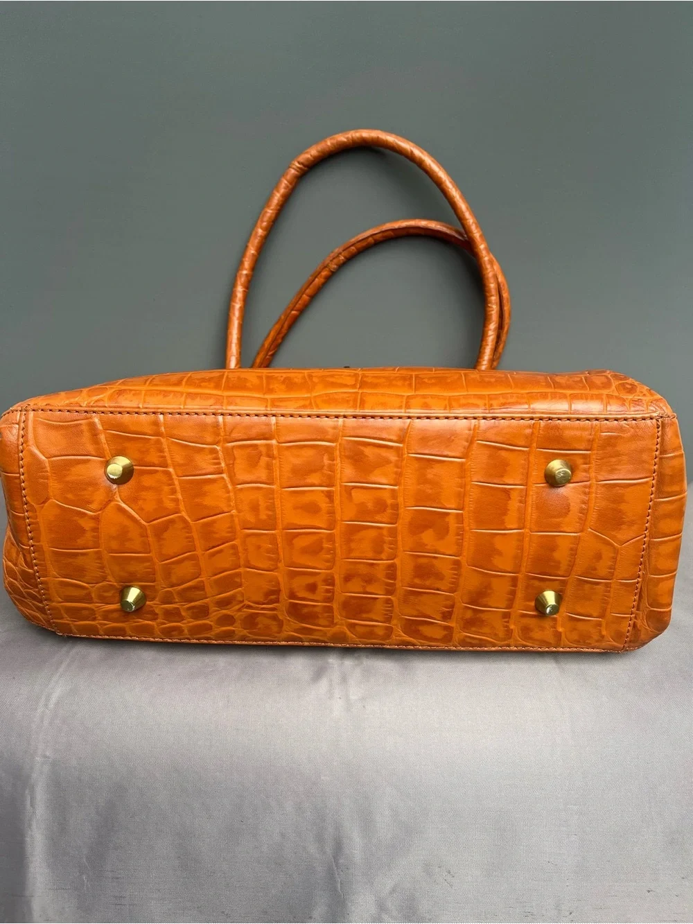 Vintage Michel Rome Croc-embossed Cognac Leather Satchel Handbag.
